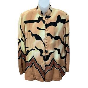 Chantik Vintage Blouse Silk Mandarin Collar Shoulder Pads Tan Black Brown Medium